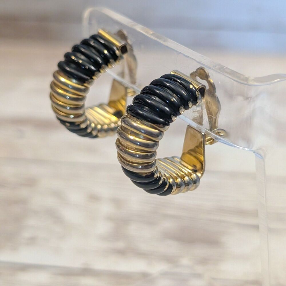 Vintage Clip On Earrings - Gold Tone & Black Chunky Corrugated - Paint Chips